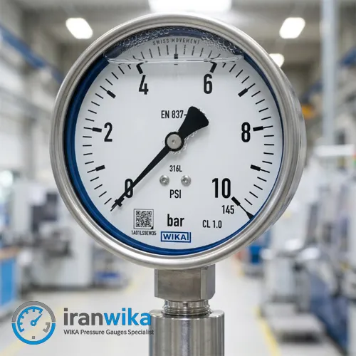 نمای نزدیک از گیج فشار روغنی تمام استیل ویکا اصل آلمان